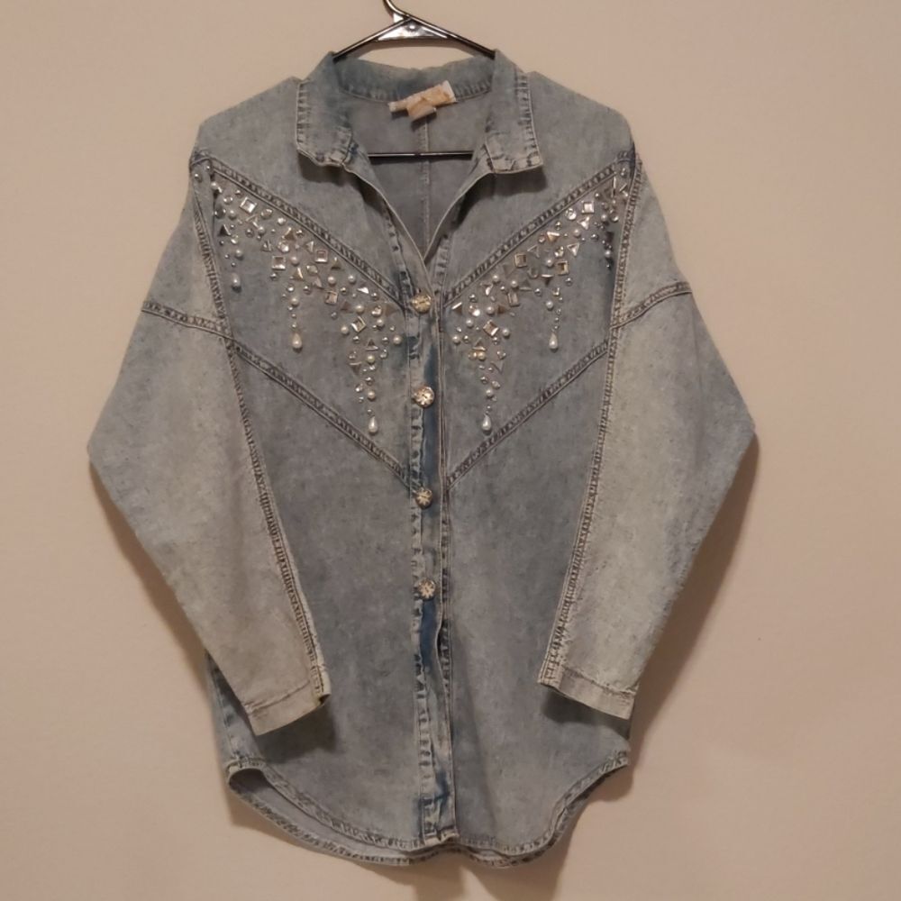 Vintage Monique Fashions Embellished Denim Shirt Pearl Rhinestone Western 5/6 S